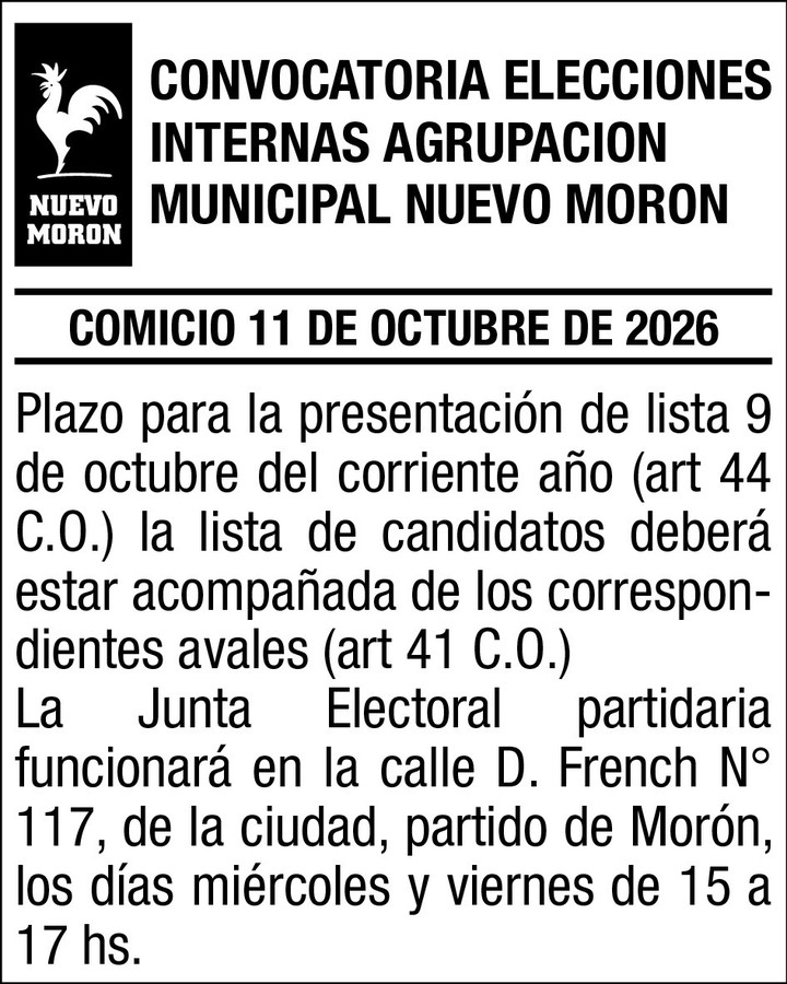 Convocatoria a elecciones internas de la Agrupacion Municipal Nuevo Moron