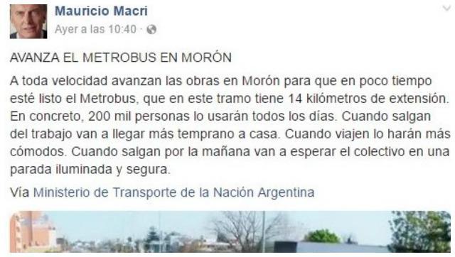 Macri salió a publicitar la obra del Metrobus moronense