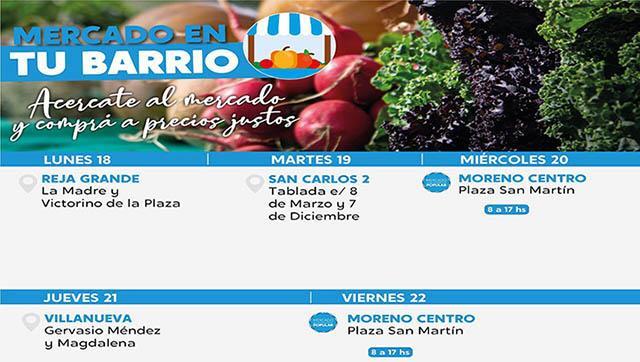 Calendario semanal de “Mercado en tu barrio” en Moreno
