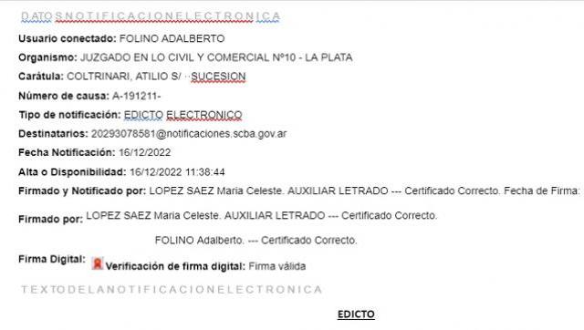 Carátula: COLTRINARI, ATILIO S/ ··SUCESION