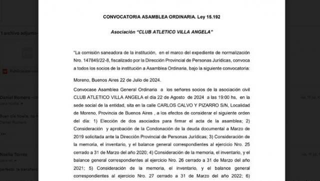 CONVOCATORIA ASAMBLEA ORDINARIA. Ley 15.192  Asociación “CLUB ATLETICO VILLA ANGELA”