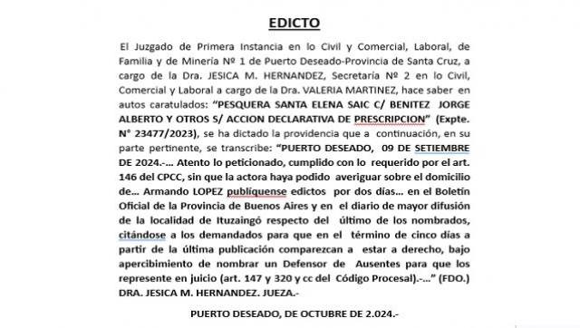 Juzgado de Primera Instancia en lo Civil y Comercial, Laboral, de  Familia y de Minería Nº 1 de Puerto Deseado-Provincia de Santa Cruz